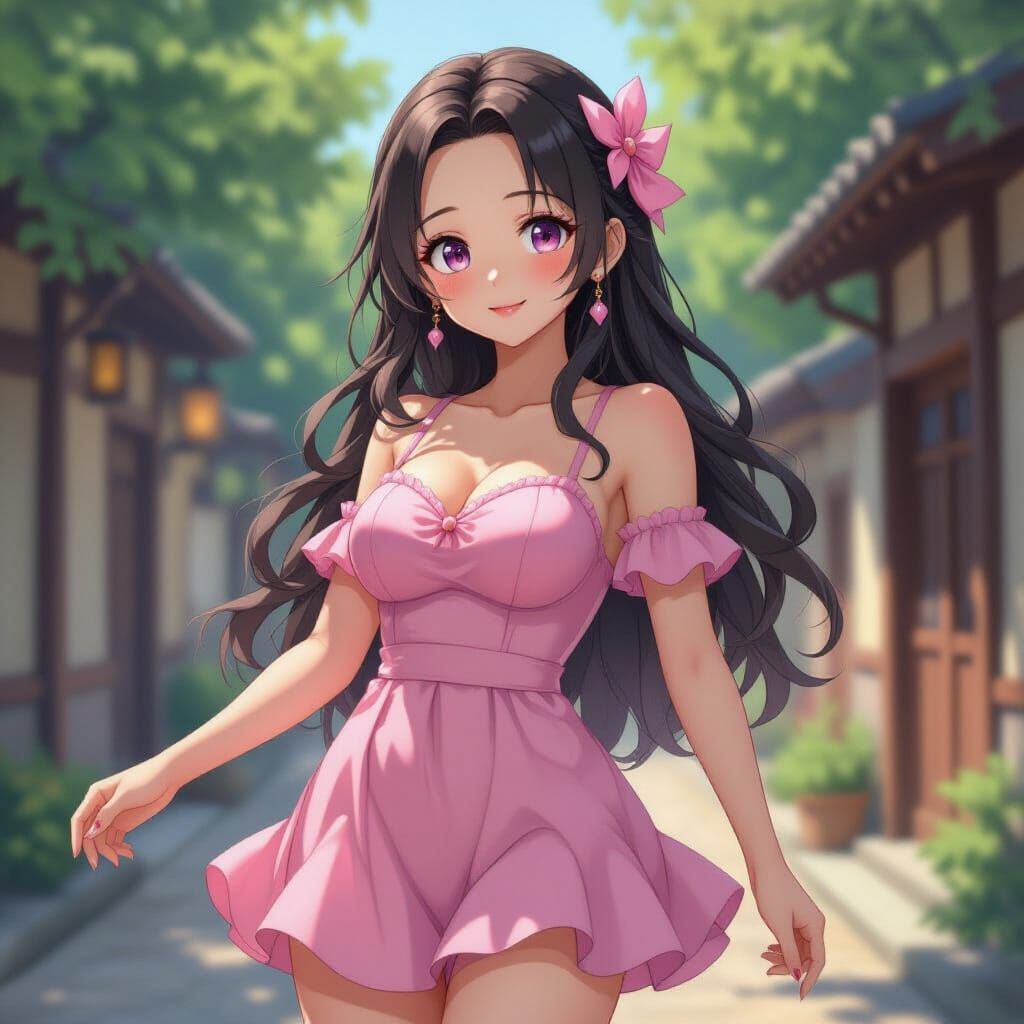 Nezuko in Pink Dress: Detailed 3D Anime Art