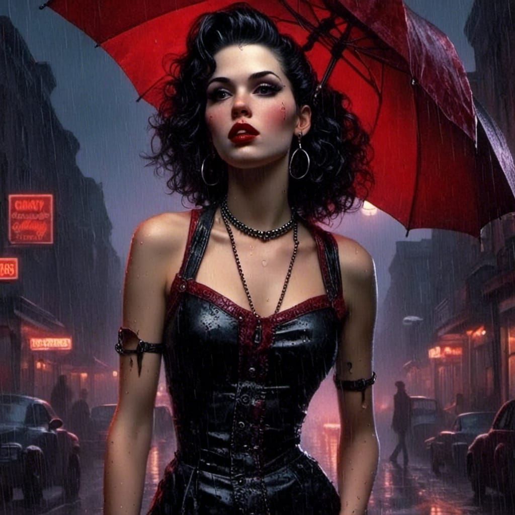 Cyberpunk Woman in Rainy Gothic Cityscape