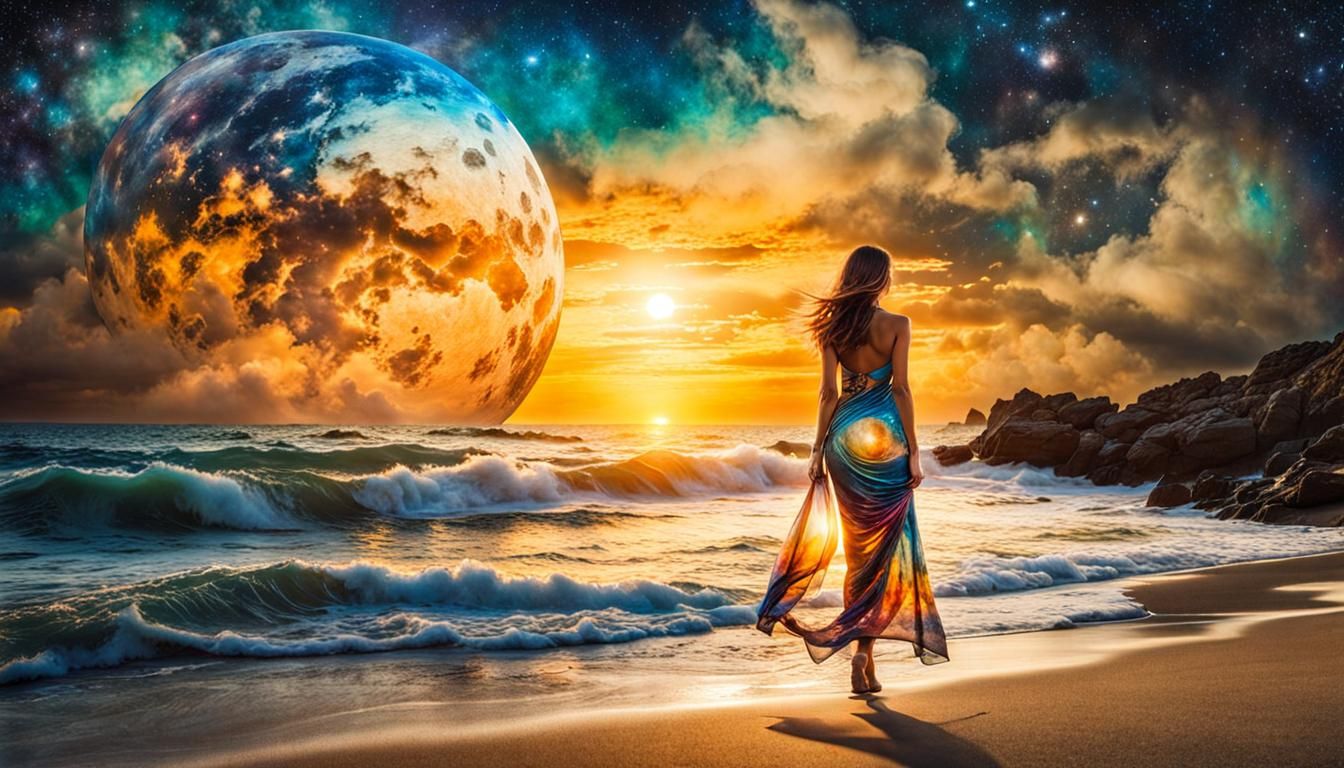 Cosmic Beach: Double Exposure Oil and Ink Art