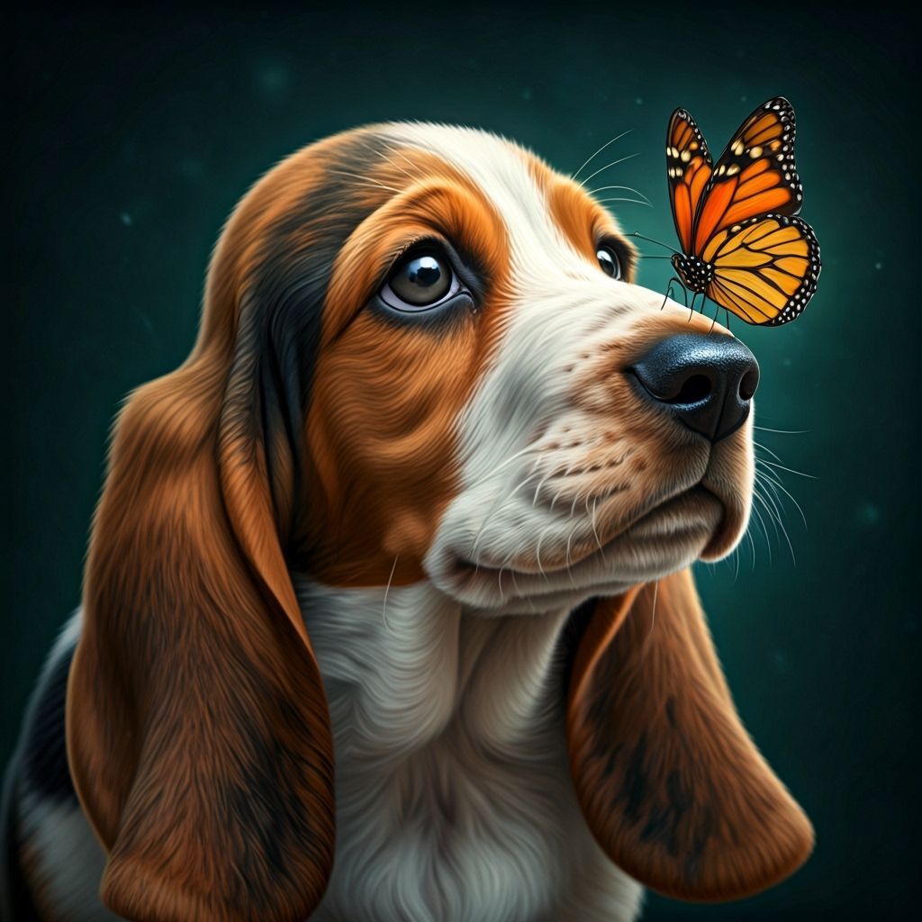 Basset Hound Portrait with Butterfly: Detailed Matte Paintin...