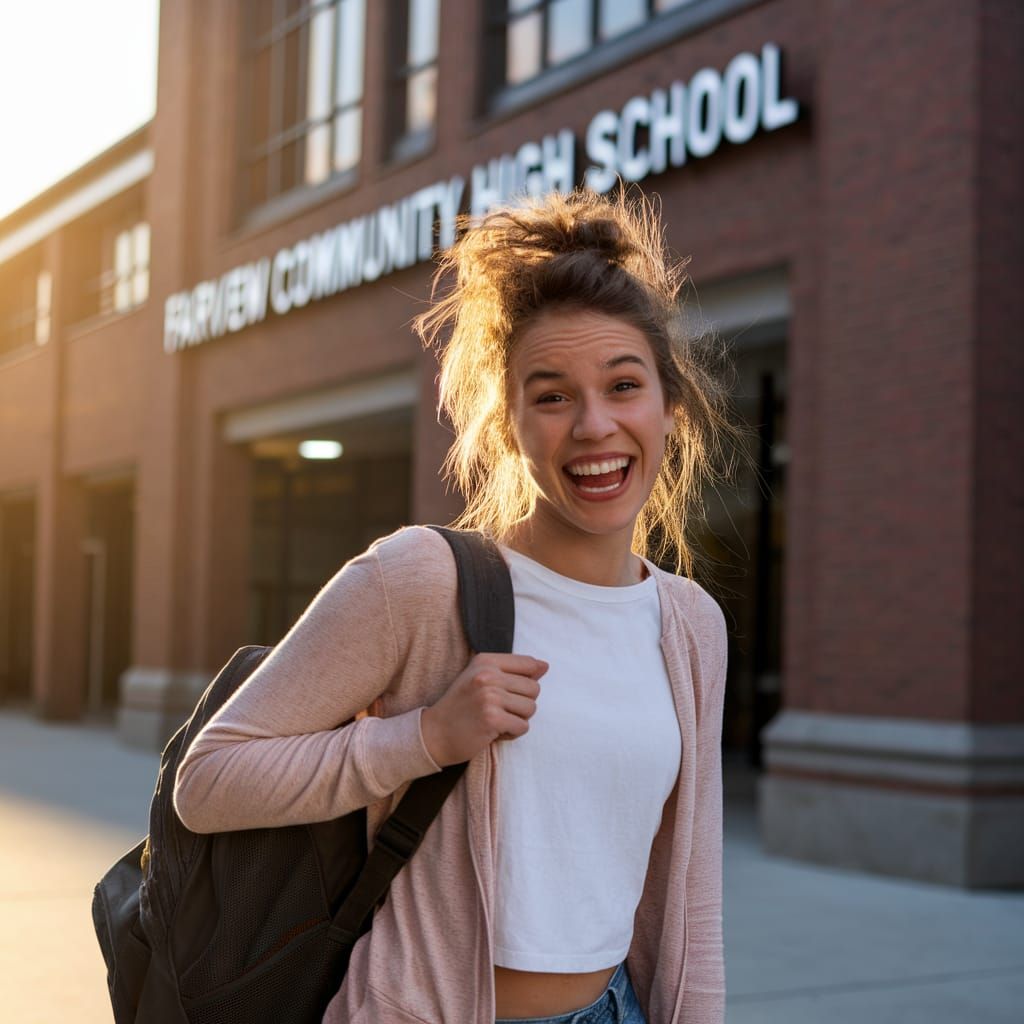 Young Woman Outside Fairview High School in Golden Light