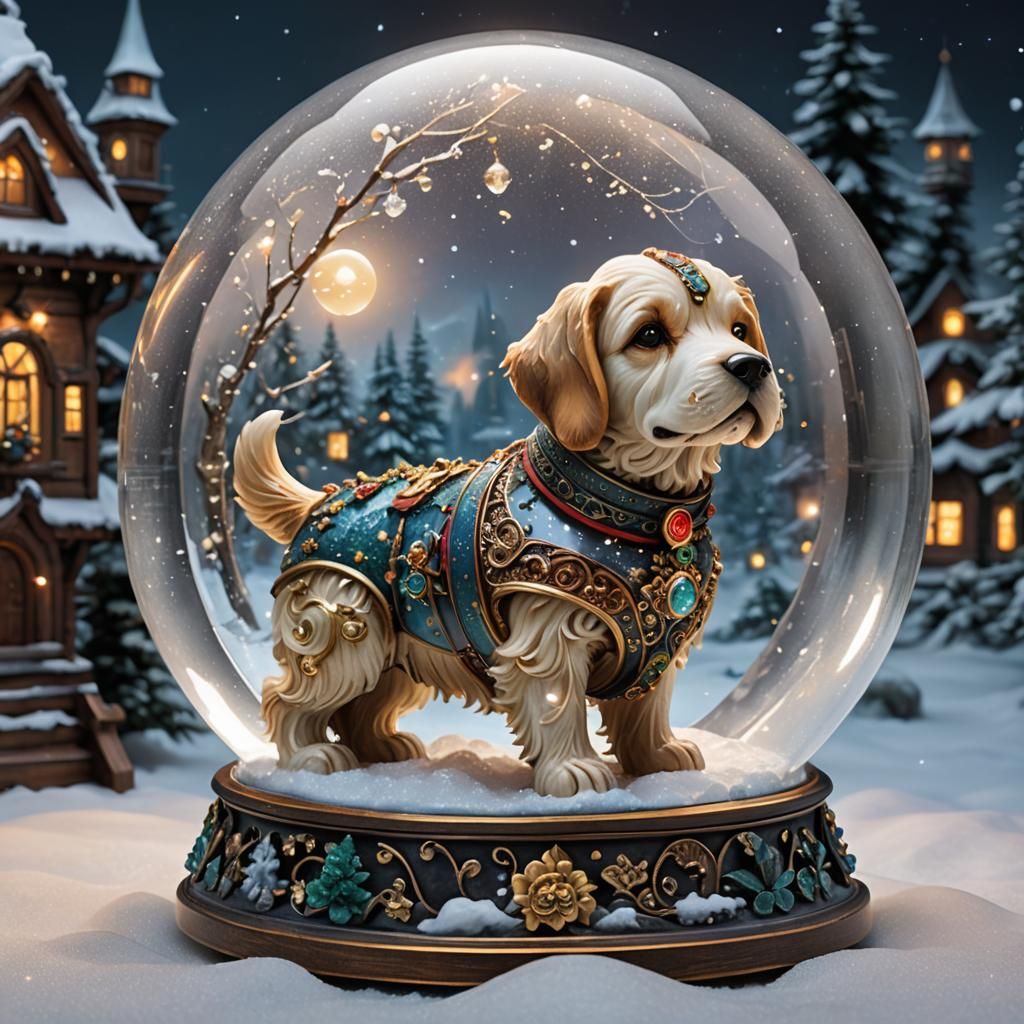 Ethereal Snowglobe Dog in Detailed Fairy Architecture