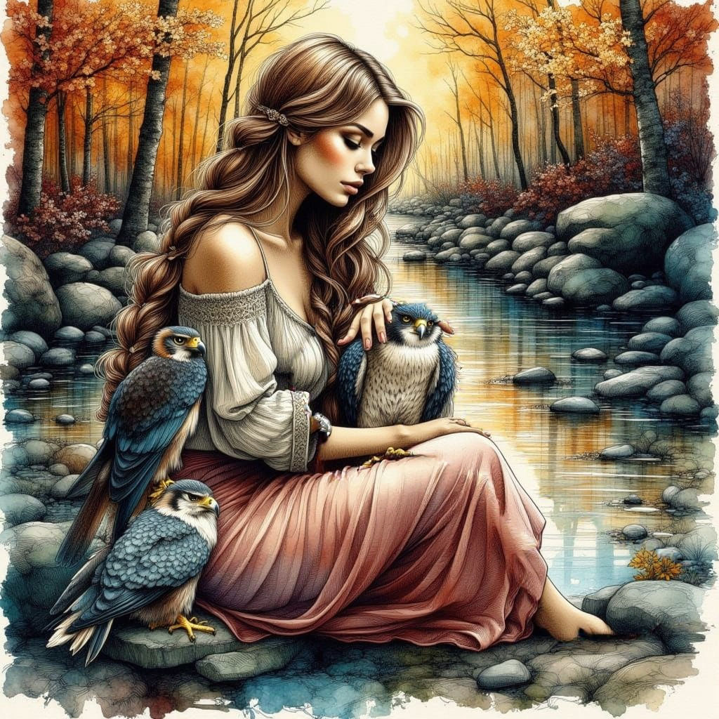 Woman Snuggled with Falcon in Forest River Scene