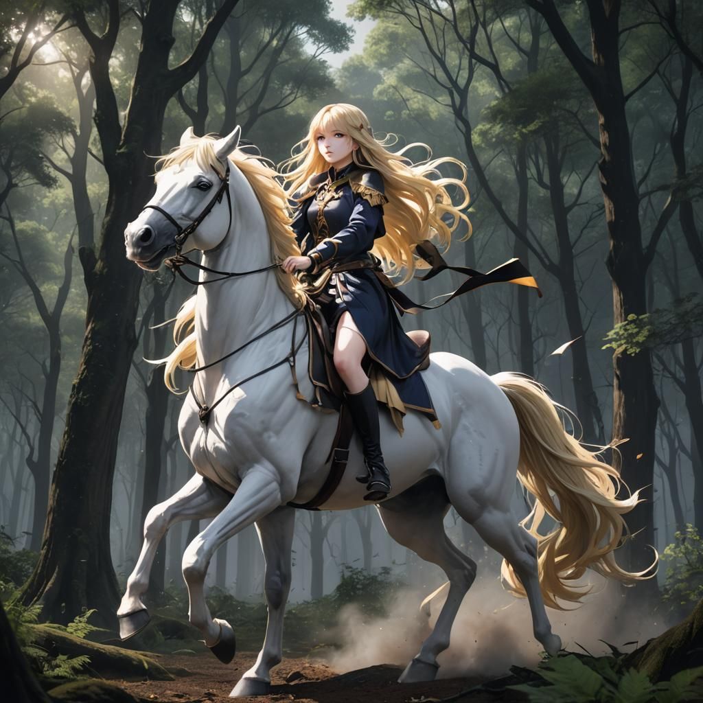 Anime Girl Falling from Horse in Dark Forest