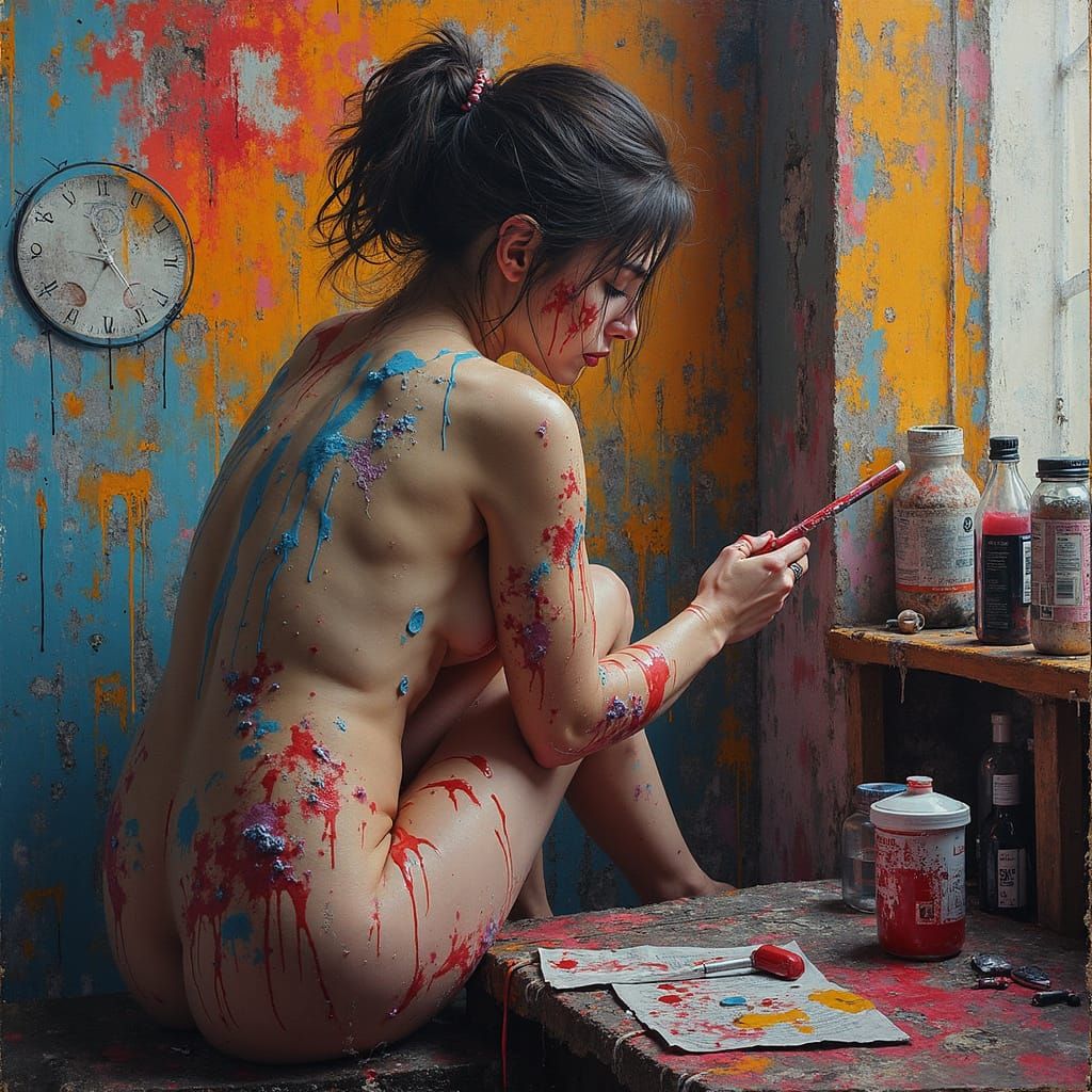 Vibrant Woman Drenched in Dripping Paint in a Graffiti Artis...
