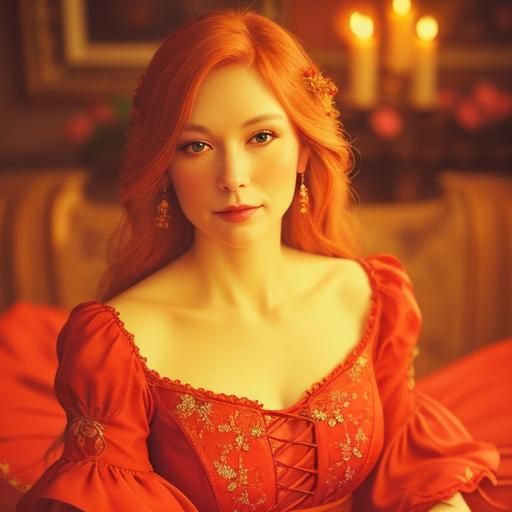 Ginger Woman in Crimson Dress Portrait, Baroque Style
