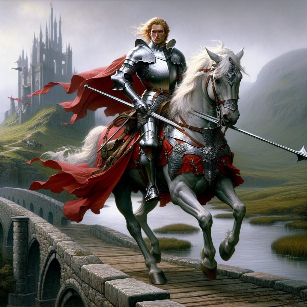 Medieval Knight on White Horse with Lance