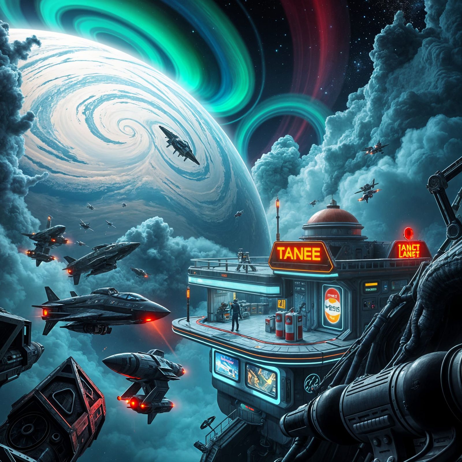 Futuristic Spaceship Refueling Depot in Orbit