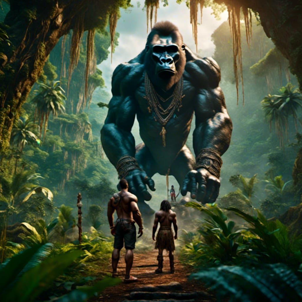 Jungle Encounter: Man and Gorilla in Matte Painting Style