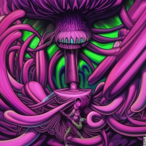 Cyberpunk Mushroom Monster in a Psychedelic Cannabis World