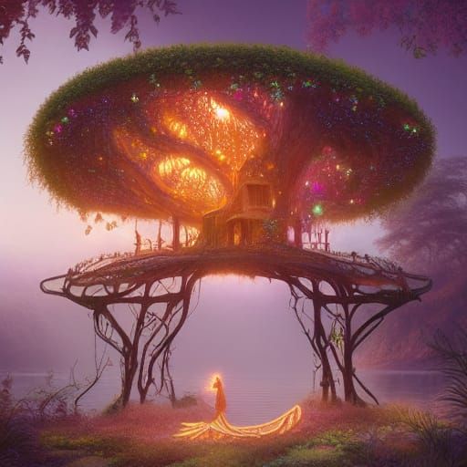 Floral Elf Treehouse on Island with Crystal Stars