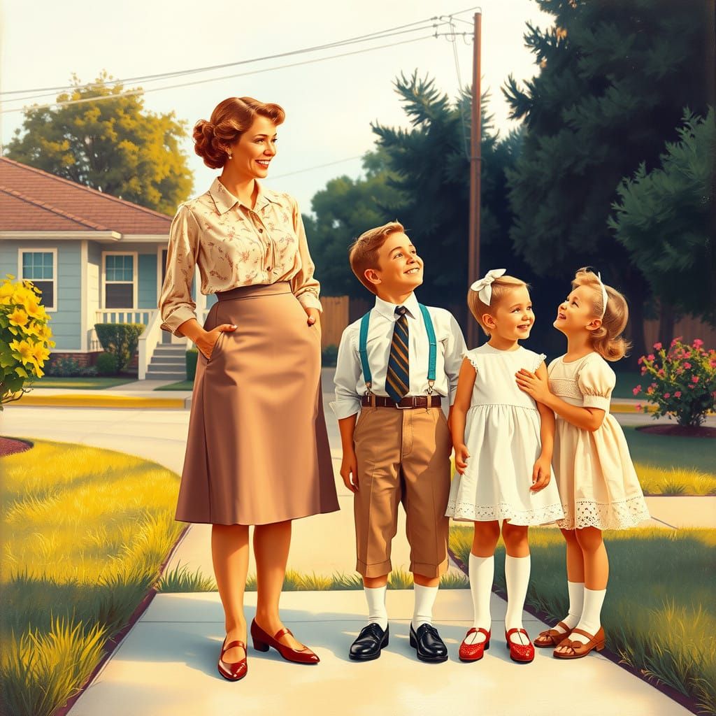 Idyllic 1950s Family Scene in Wholesome Suburban Setting