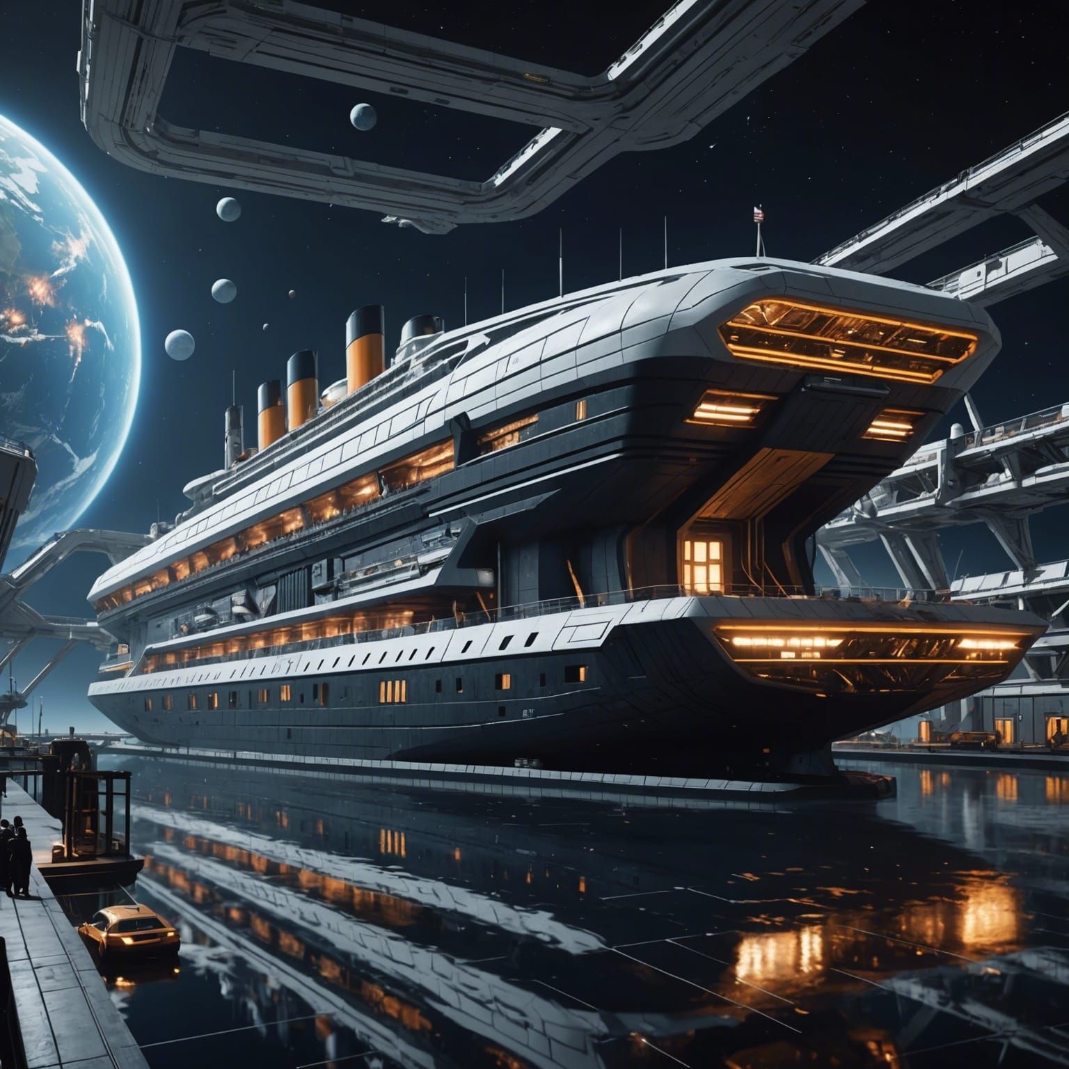 Futuristic Titanic Spaceship Docks at Spaceport