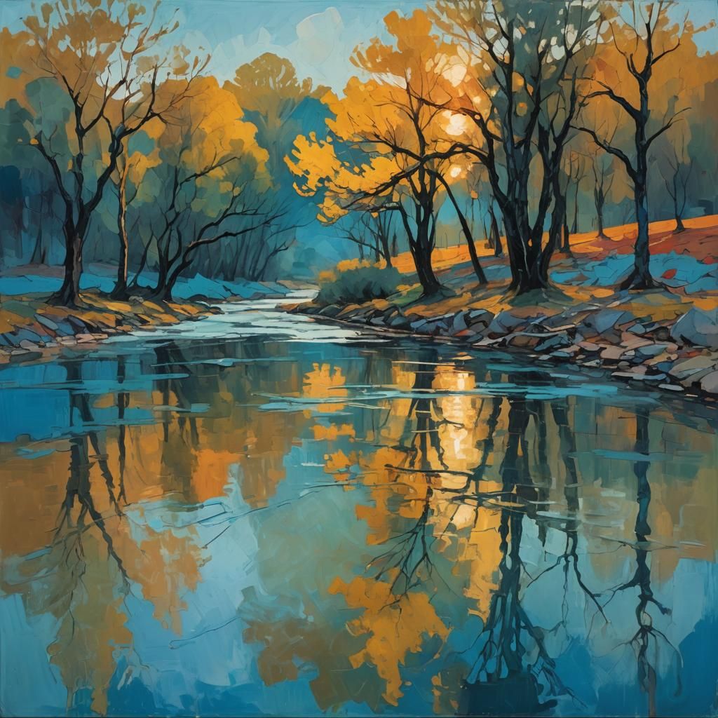 Pliva River Dusk: Abstract Expressionist Painting