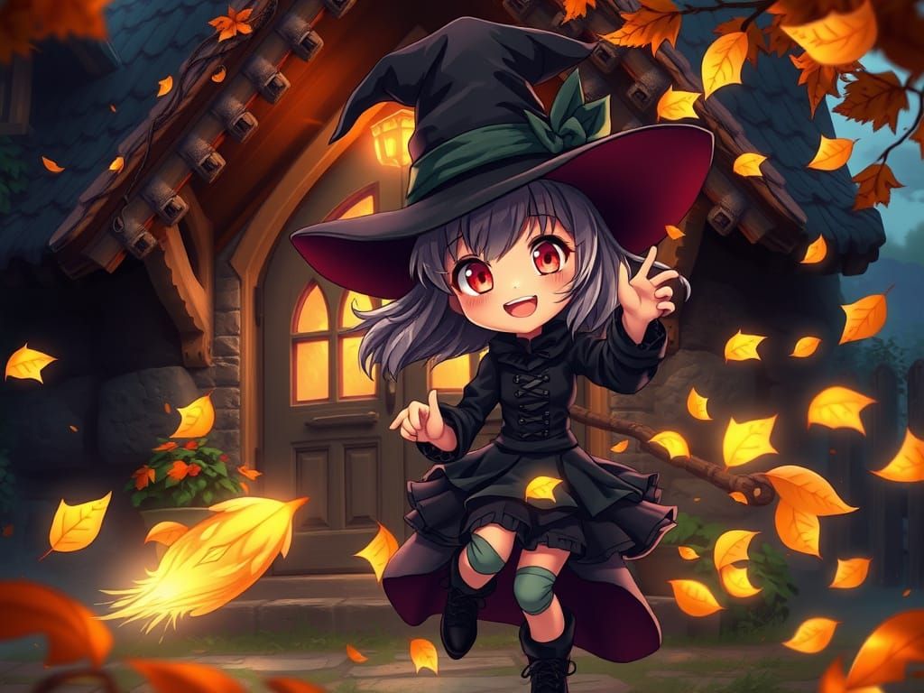 Cute Frantic Witch in Glowing Leaf Whirlwind
