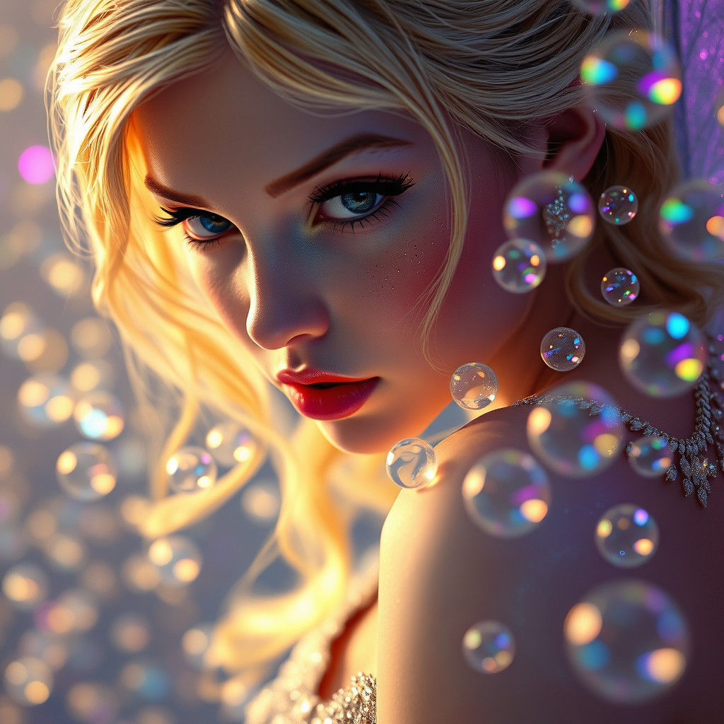 Golden-Haired Fairy in Bubble Dreamscape