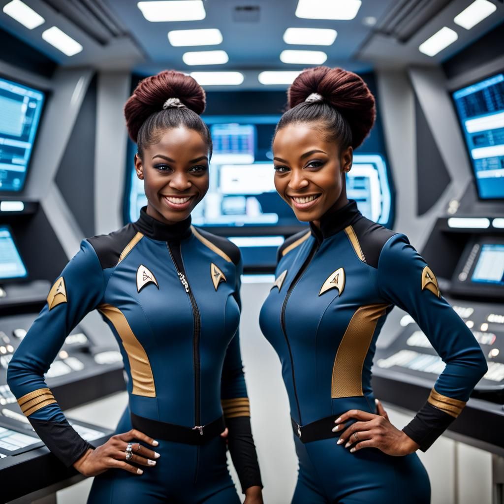 Two stunning beauty African women, are in a control room (we...