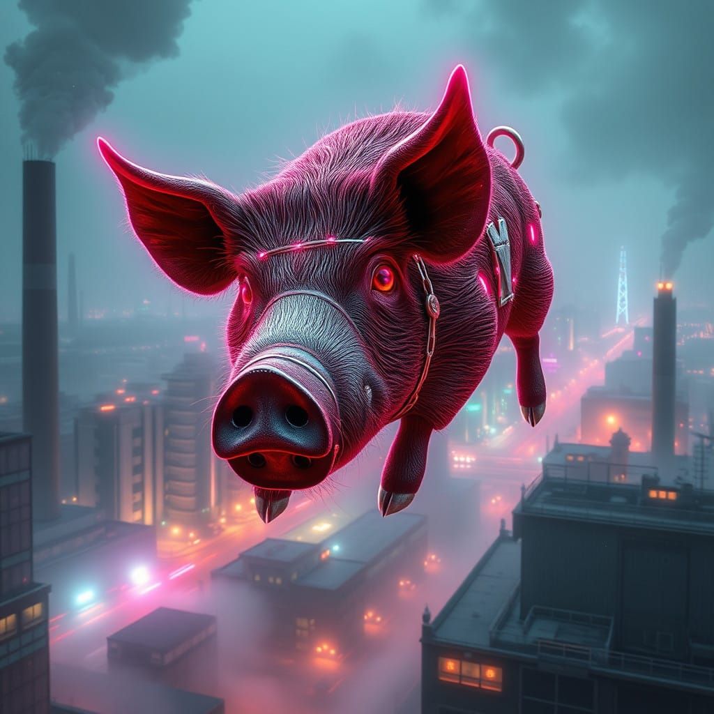 Cyberpunk Flying Beast Over Futuristic Ruins