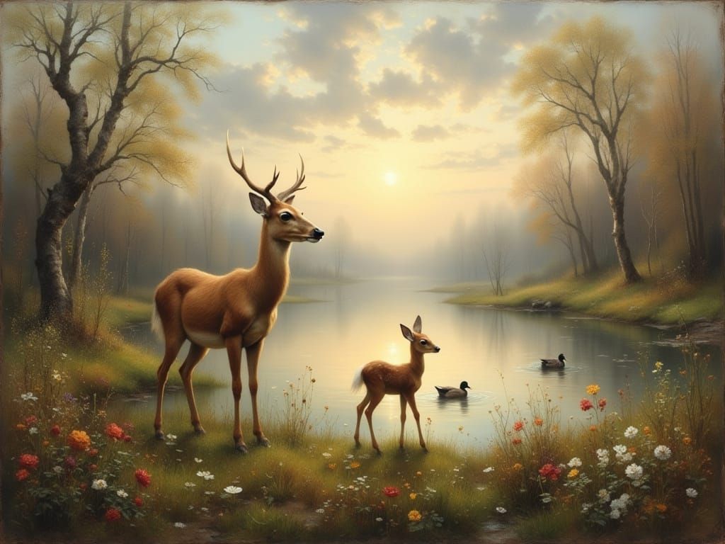 Doe and Fawn in Misty Spring Meadow: Classical Painting