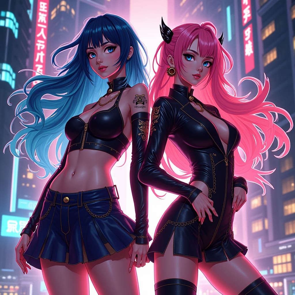 Ahri and Kai'sa K/DA in a Digital Art Style