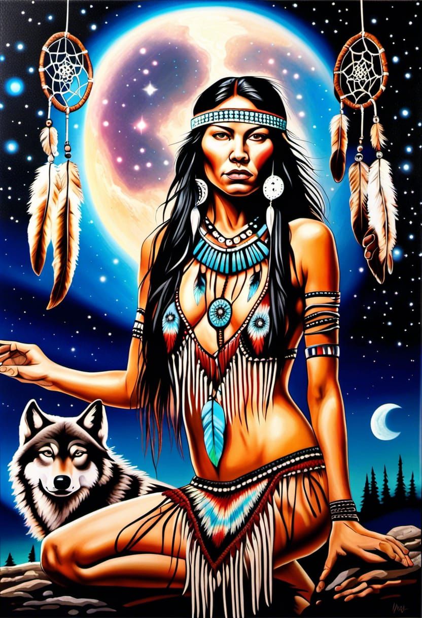Native American Woman with Dream Catcher and Wolves