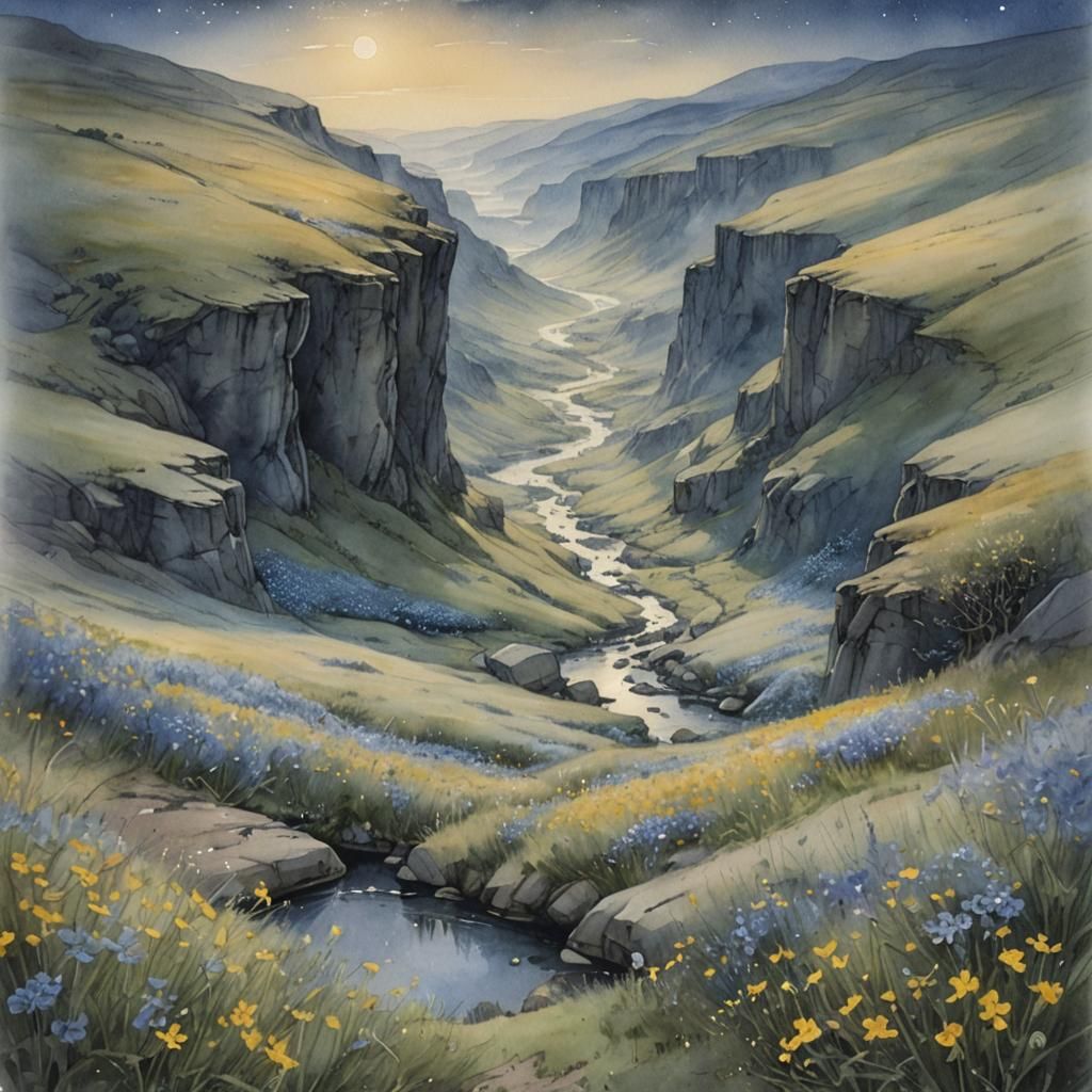 Enchanting Moonlit Valley in Watercolor Style