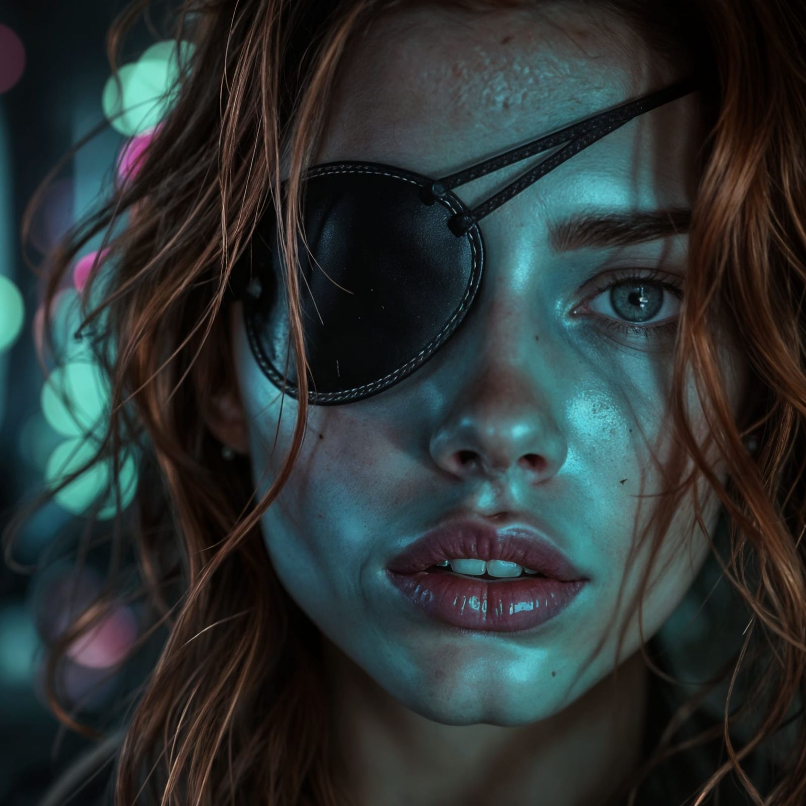 Fiery Redhead with Eyepatch in Cinematic Lighting