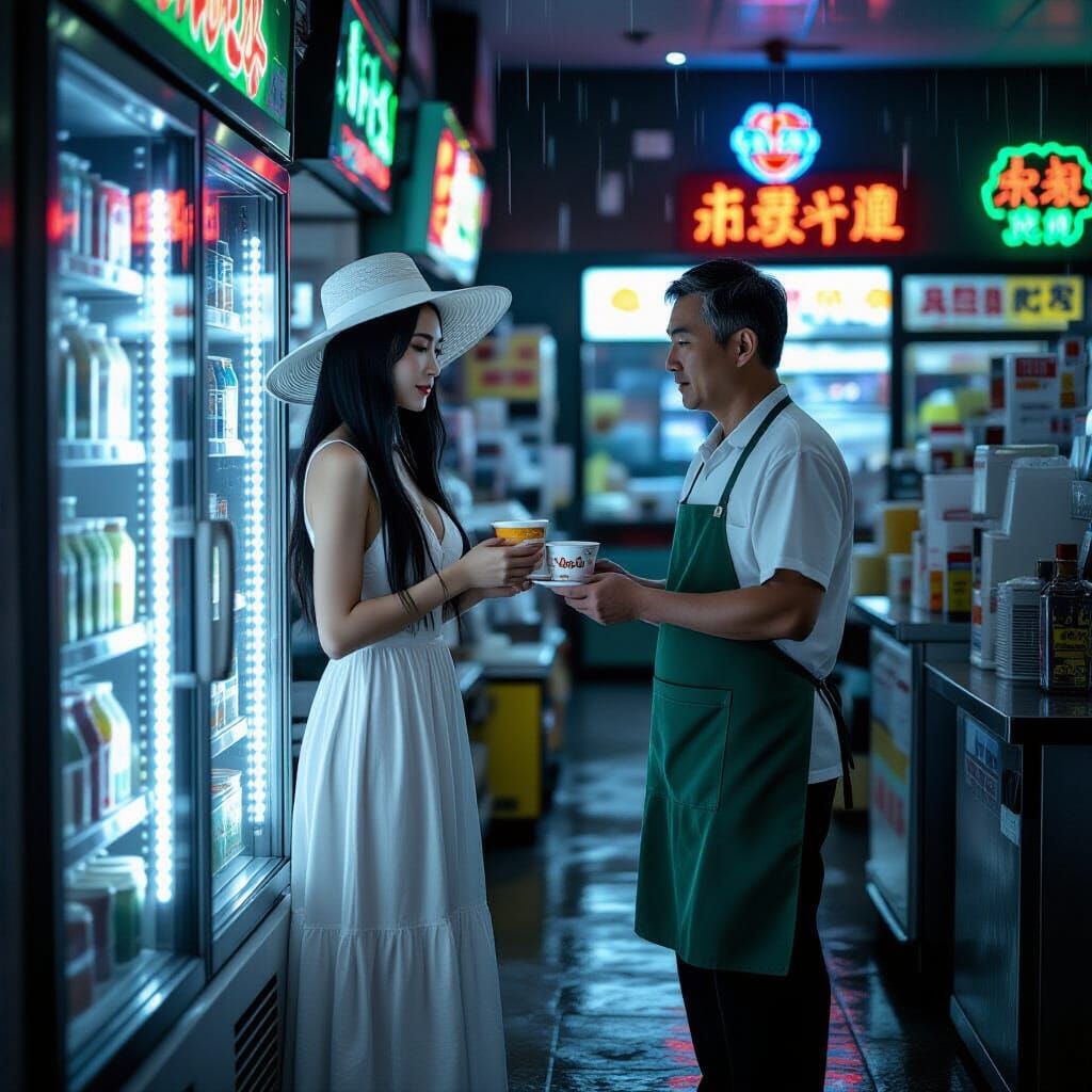 Hyperrealistic Convenience Store Encounter at Night