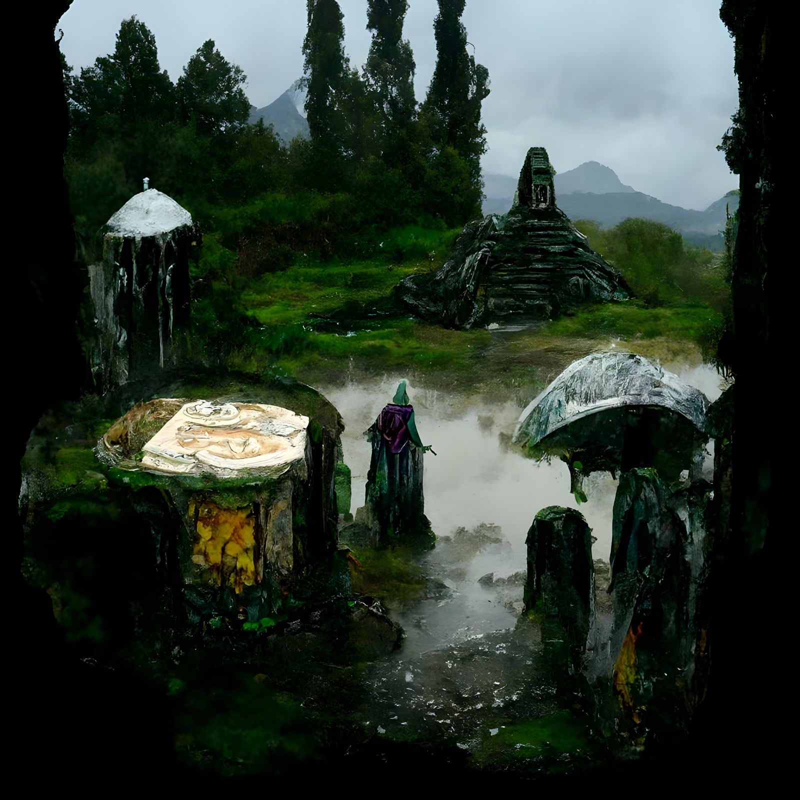 Rain-Soaked Sacrificial Altar Watercolor Painting