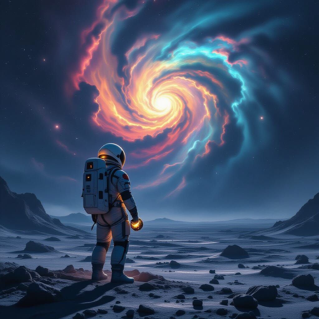 Astronaut Contemplates Nebula on Alien Planet