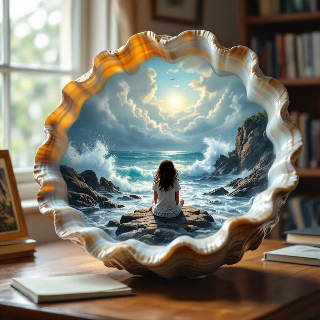 Hand-Painted Waves Inside a Seashell, Fantasy Art