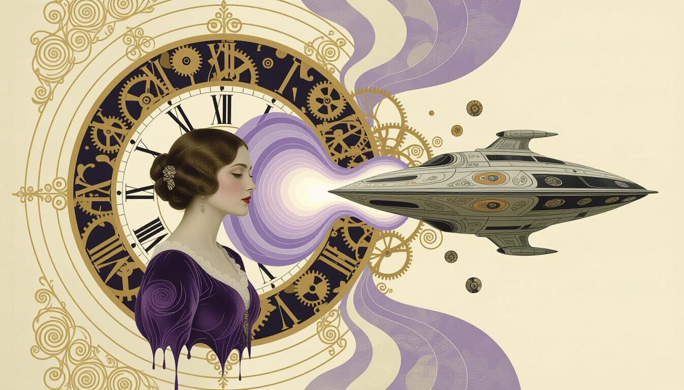 Woman Merged with Melting Spaceship in Dreamlike Time Portal