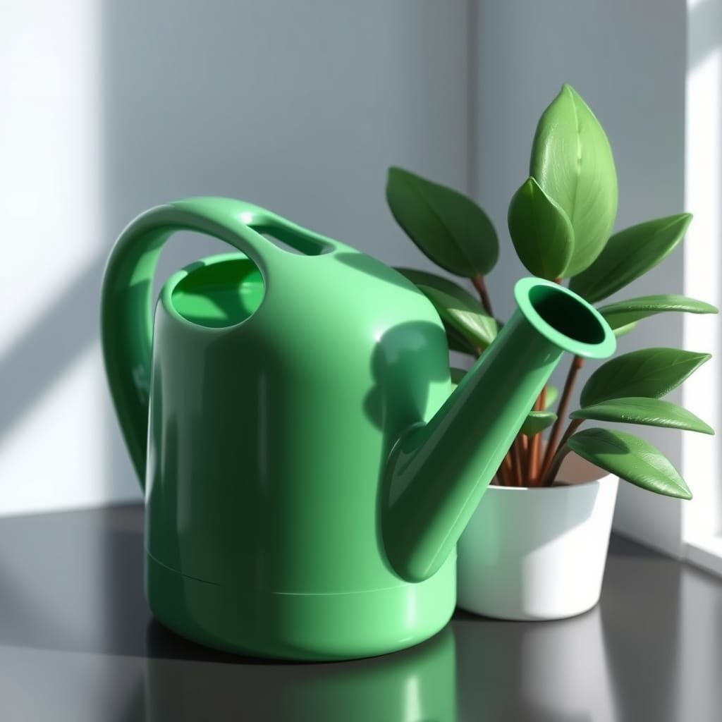 Green Plastic waterjng can for a fake chinese rubber plant.