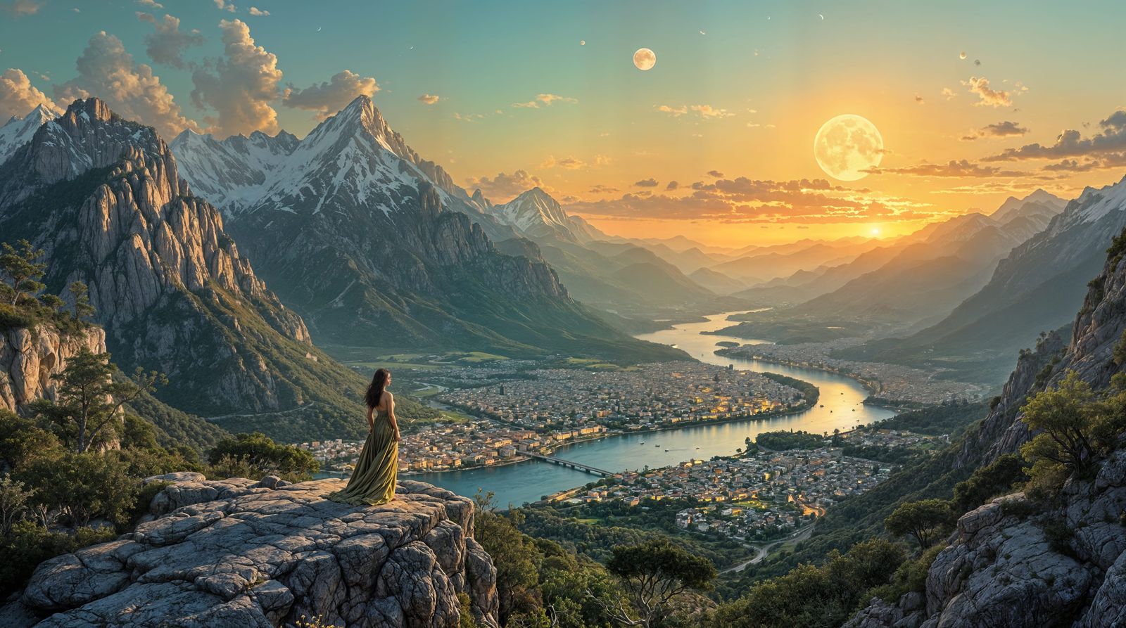 Surrealistic Panorama of Valley City at Golden Hour