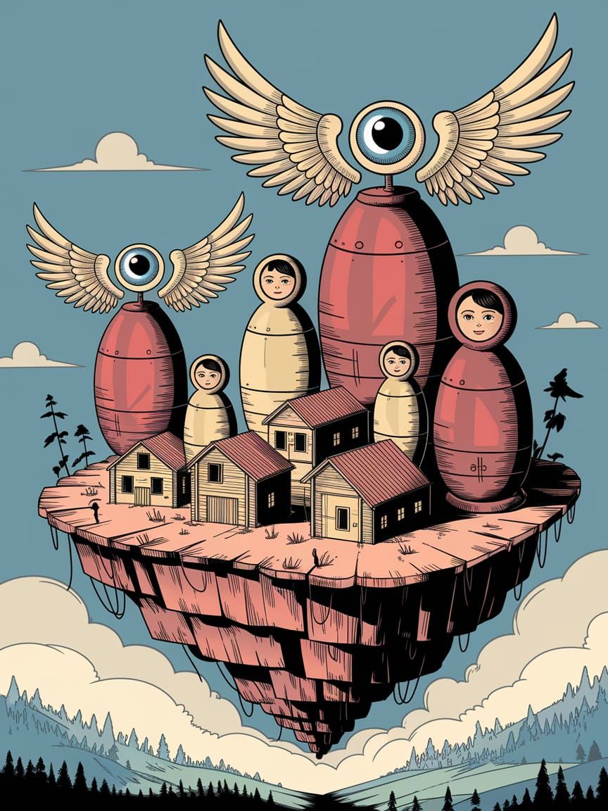 Matryoshka Doll Buildings Flown by Cloth-Winged Eyeball Hat ...
