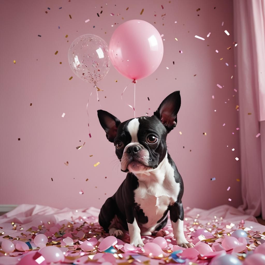 Boston Terrier and Pink Balloon: Whimsical Digital Art