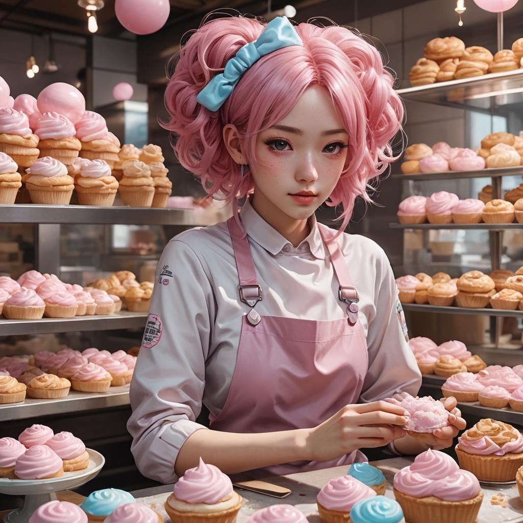 Anime Girl at Pastry Bakery in 3D Style