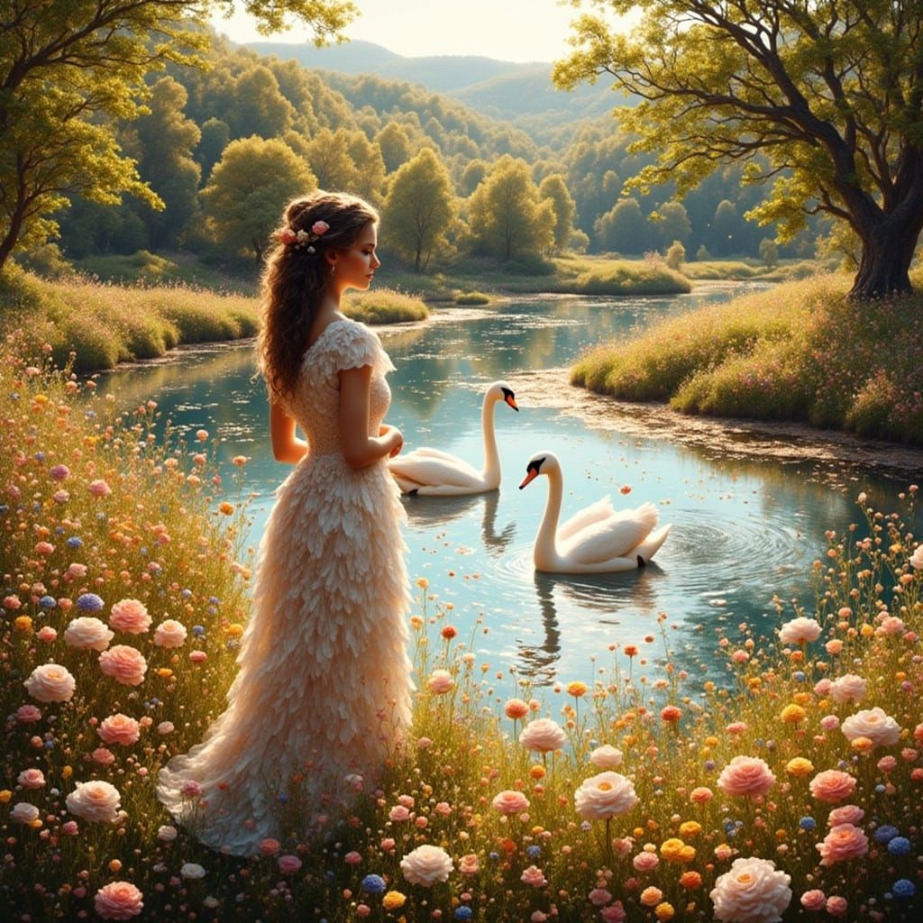 Woman in a Serene Lake Landscape with Wildflowers