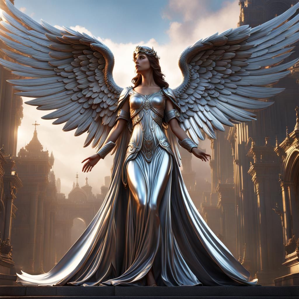 Biblically Accurate Angel in Chrome and Silver