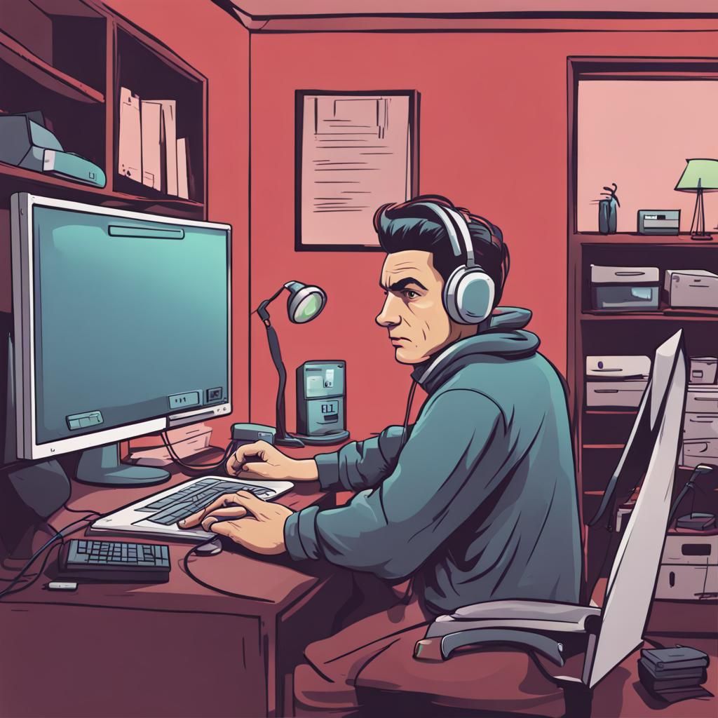 Scammer Hacking Computer in Dark Room