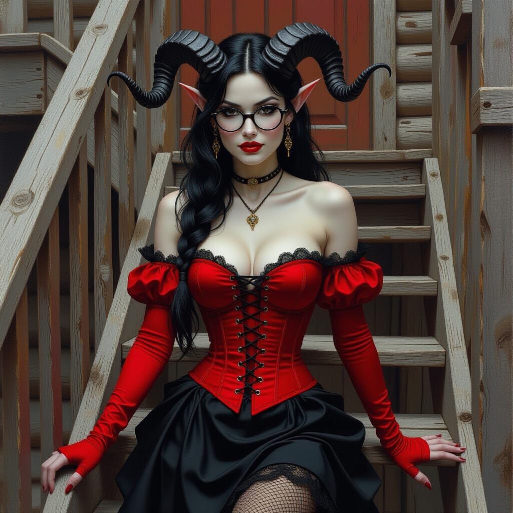 Tiefling Woman Descending Stairs, Fantasy Oil Painting