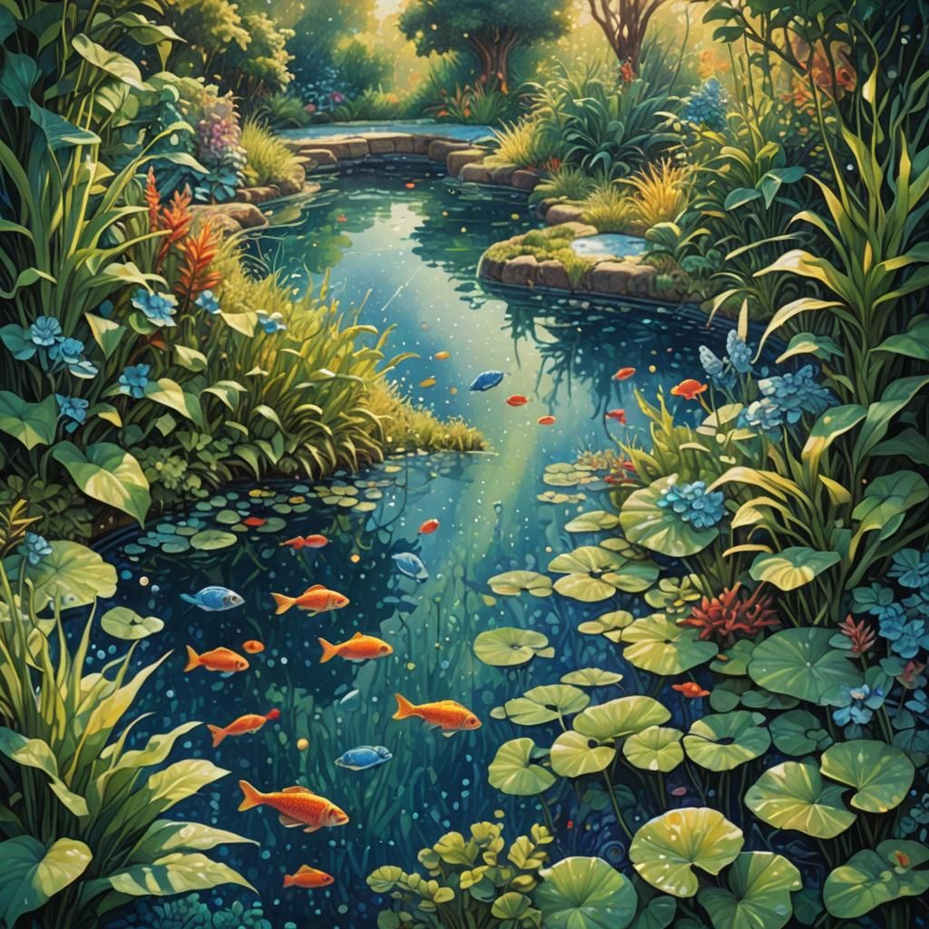Overgrown Pool Ecosystem in Pointillism Style