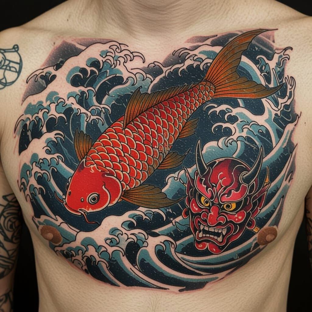 Irezumi Tattoo Design: Koi Fish Overcoming Obstacles