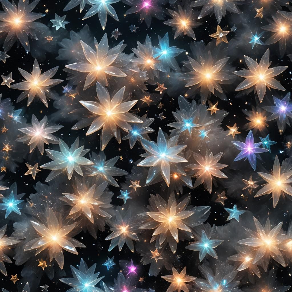 Luminous Crystal Stars in Pitch Black: Hyperrealistic Art