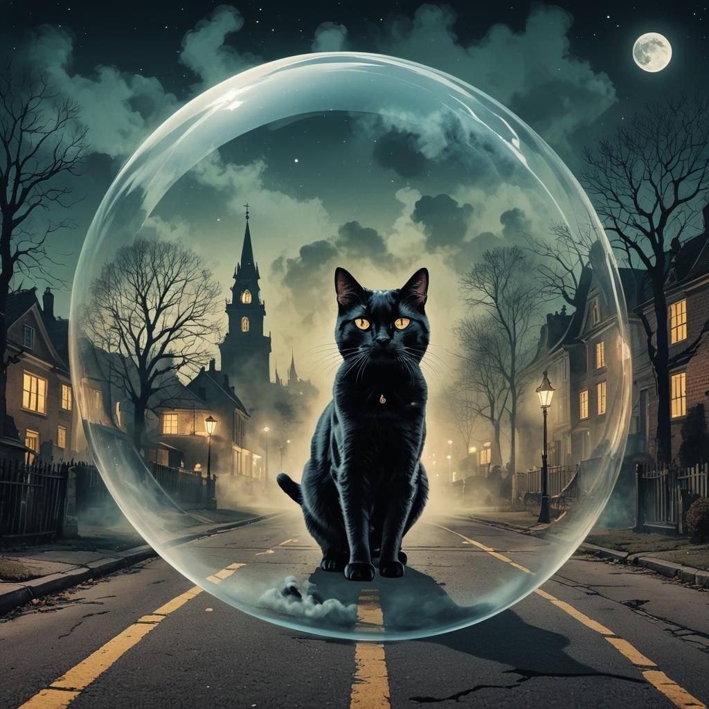 Black Cat in Moonlit Field: Geometric Bauhaus Art