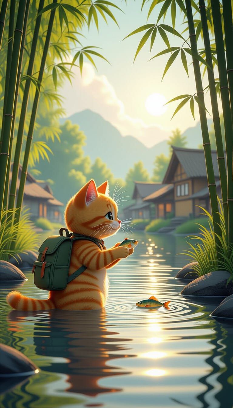 Orange Cartoon Cat Releasing Fish in 3D Style