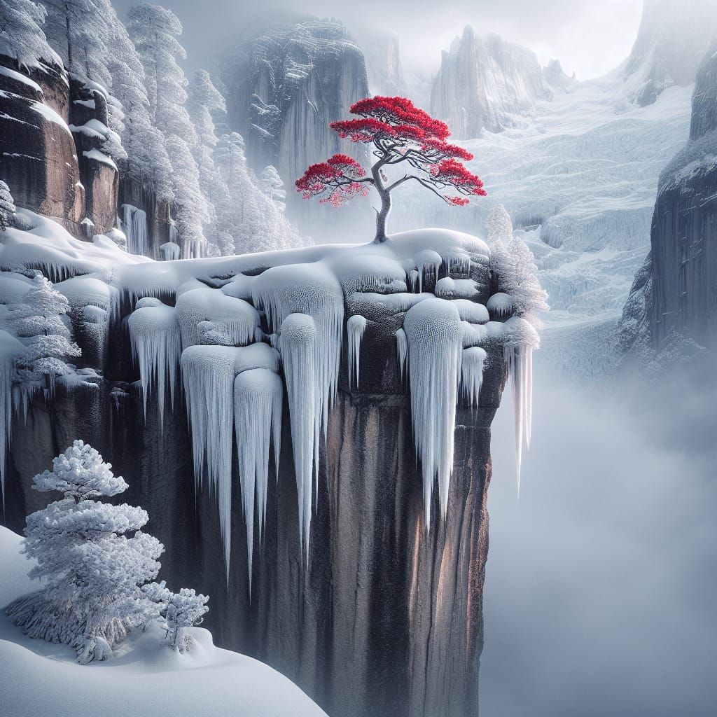 Lone Red Tree on Snowy Cliffside