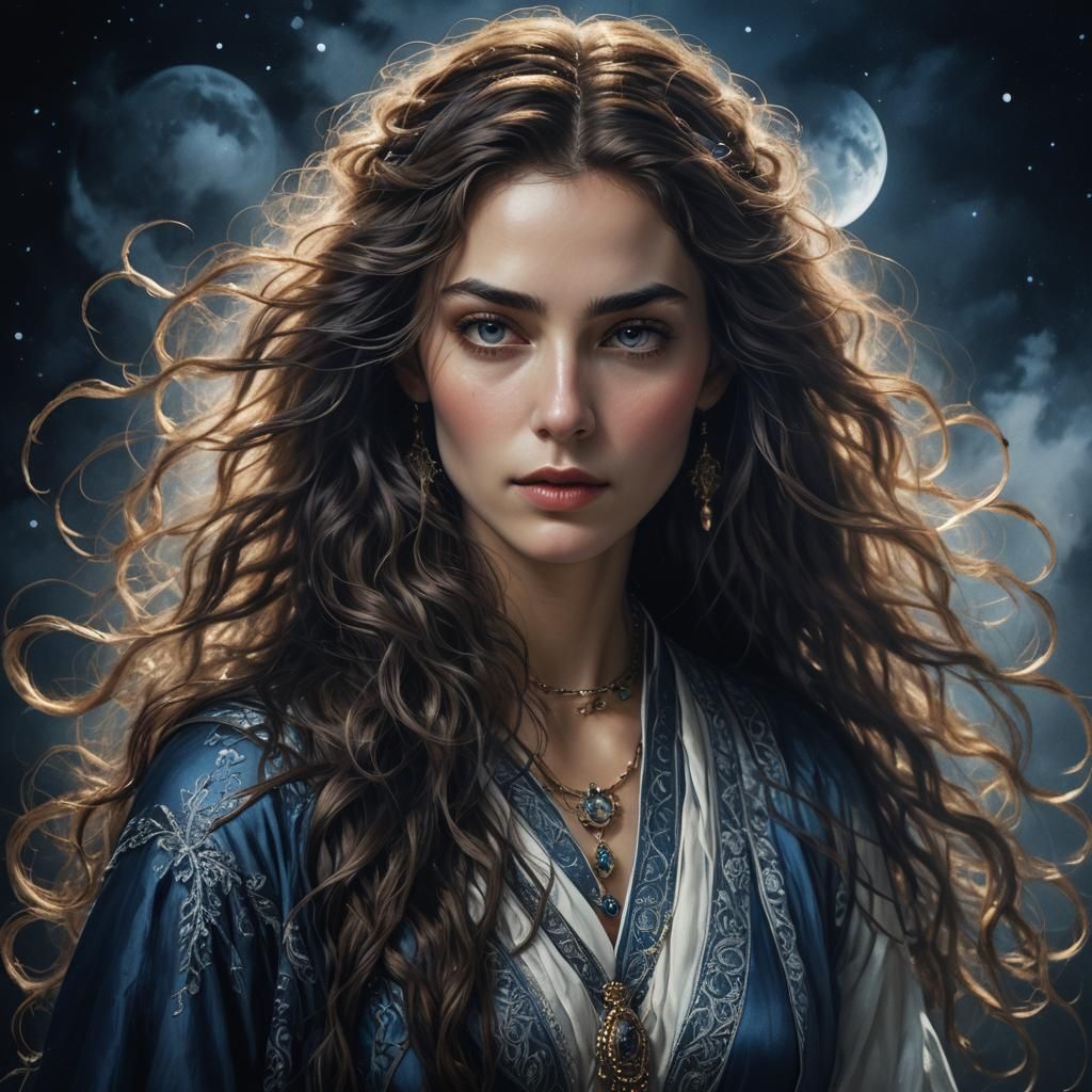 Captivating Woman Portrait in Moonlight, Hyperrealistic Digi...