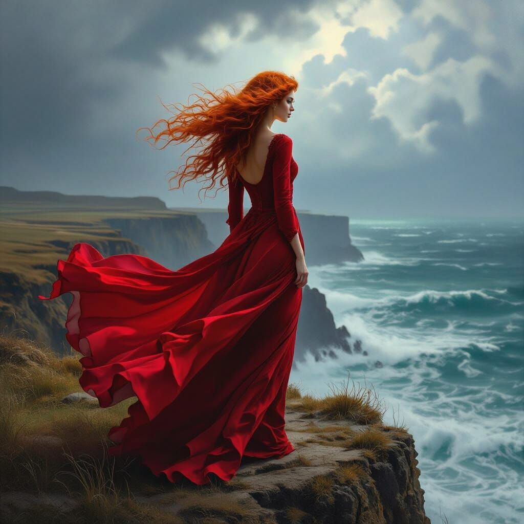 Red Haired Woman on Cliff Edge in Stormy Seas