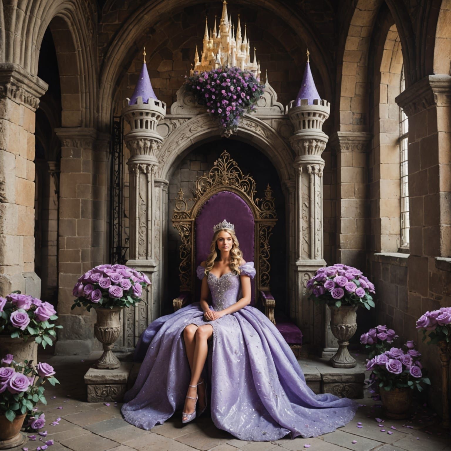 Princess on Throne Surrounded by Crystal Roses